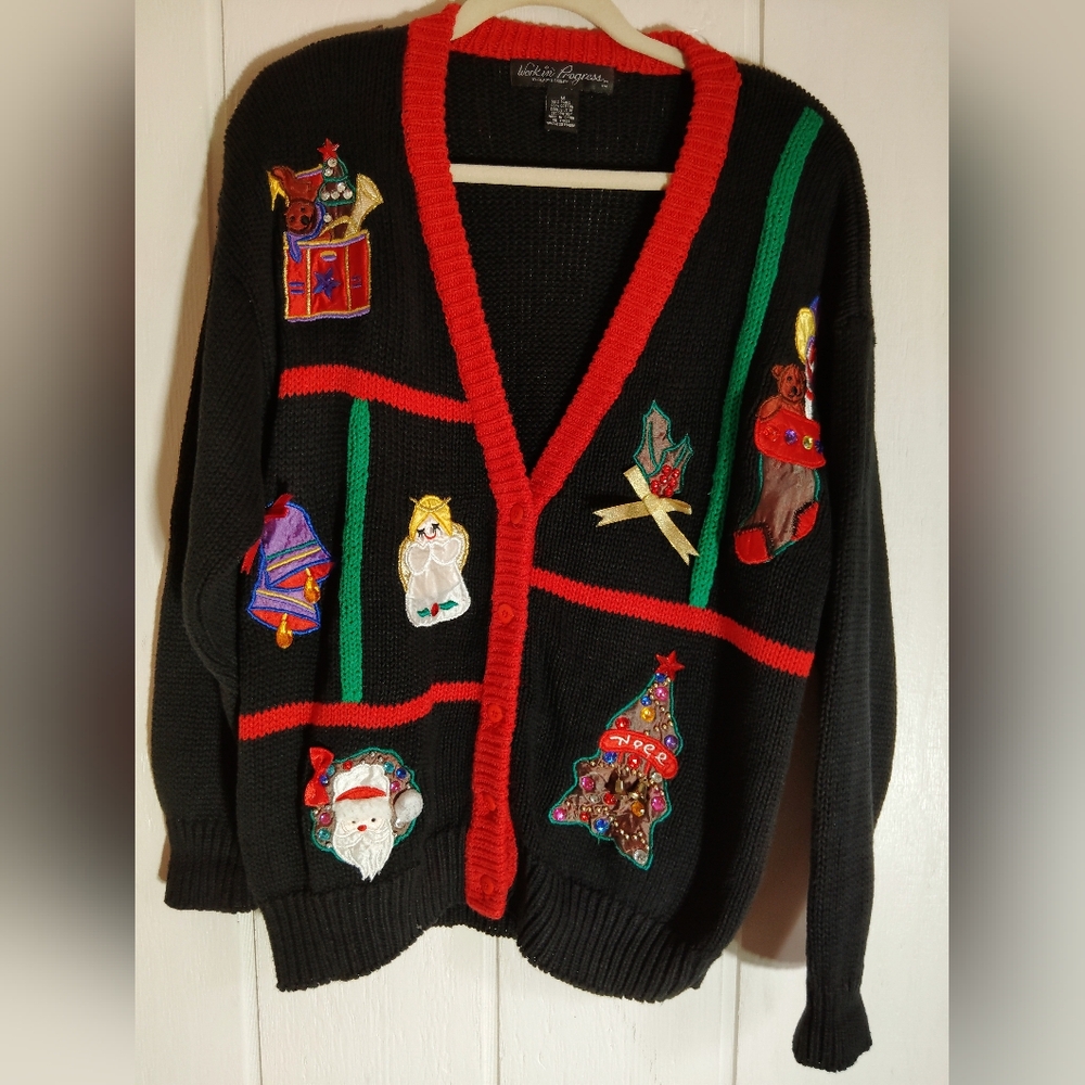 CLEAN!! Work In Progress, Festive Holiday Cardigan. Size M
